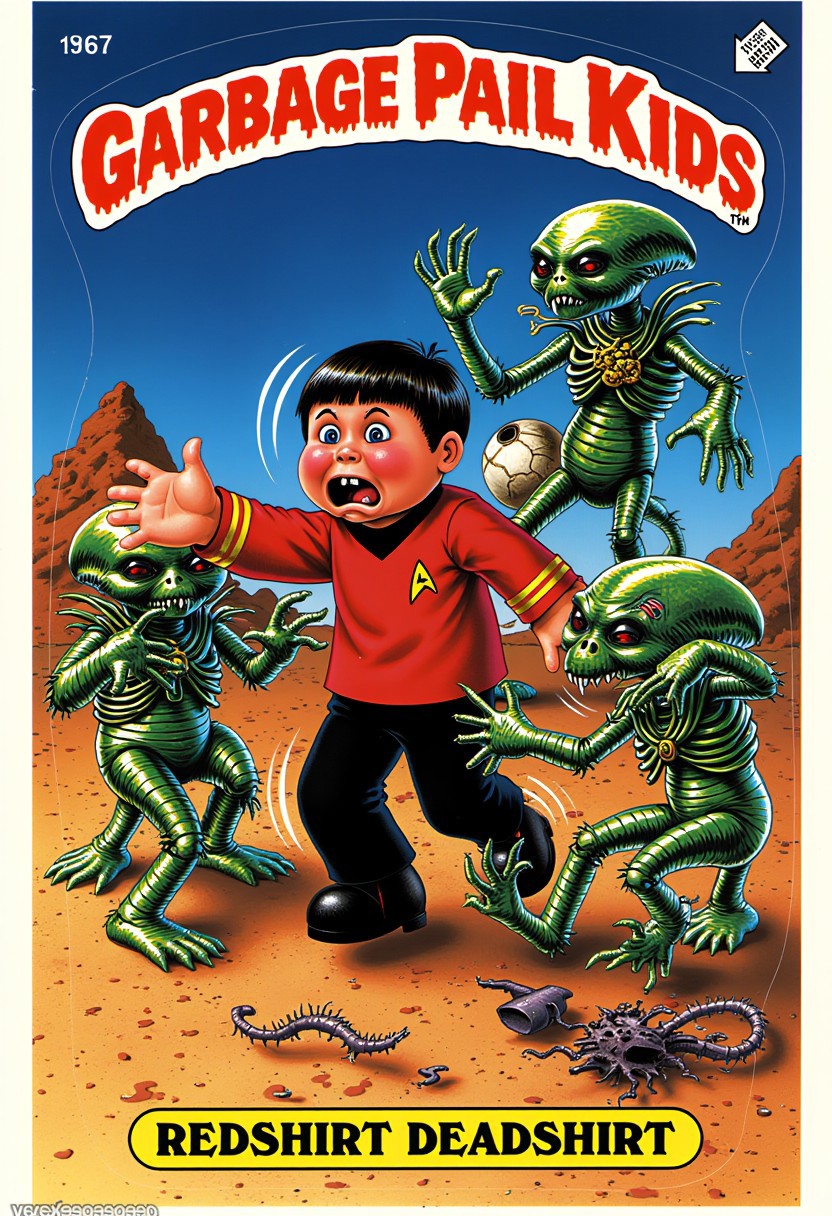 A cartoon picture of Garbage Pail Kids named "REDSHIRT DEADSHIRT". The words "GARBAGE PAIL KIDS" are written in red at the top. The words "REDSHIRT DEADSHIRT" are written in bold letters at the bottom of the image. Redshirt Deadshirt is on a hostile and grim alien planet.  He is wearing a 1967 red Star Trek shirt and black pants. He has a look of panic on his face as aliens close in on him, ready to pounce.  He has no chance of survival!