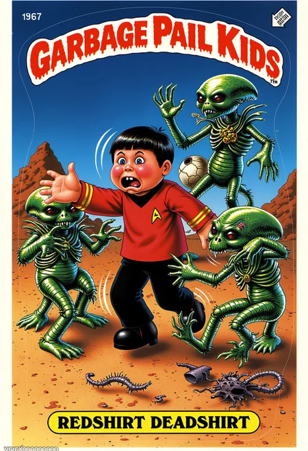 A cartoon picture of Garbage Pail Kids named "REDSHIRT DEADSHIRT". The words "GARBAGE PAIL KIDS" are written in red at the top. The words "REDSHIRT DEADSHIRT" are written in bold letters at the bottom of the image. Redshirt Deadshirt is on a hostile and grim alien planet. He is wearing a 1967 red Star Trek shirt and black pants. He has a look of panic on his face as aliens close in on him, ready to pounce. He has no chance of survival!