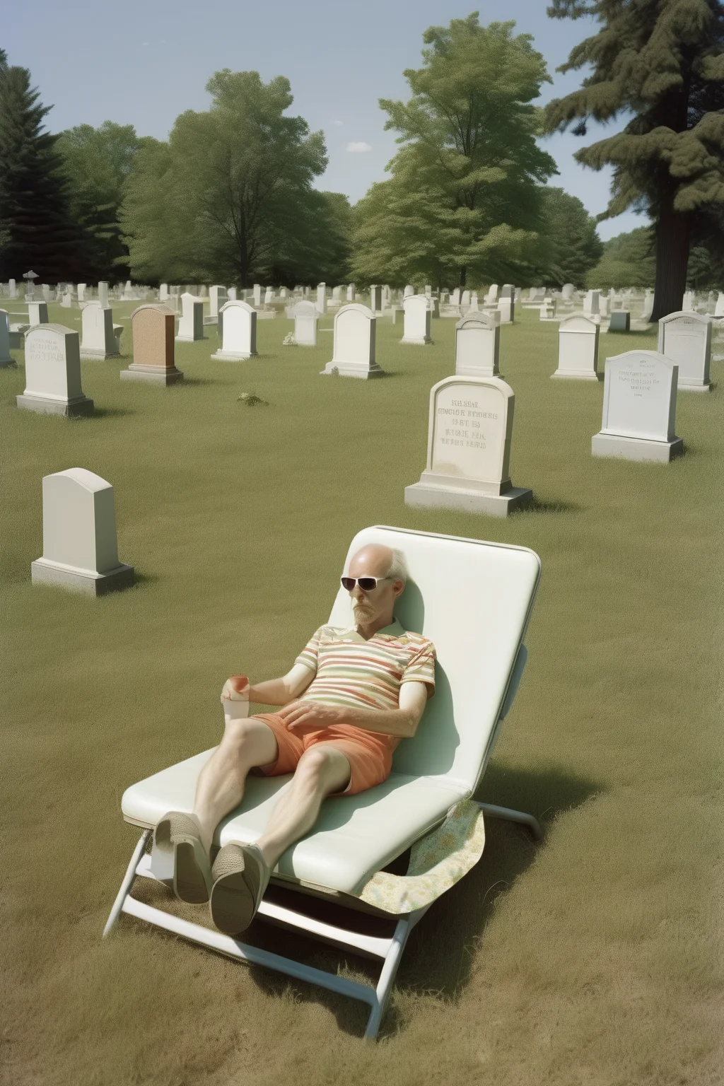 <lora:Alec Soth style:1>Alec Soth style - Sunbathing in a lawn chair in a cemetery. Photography