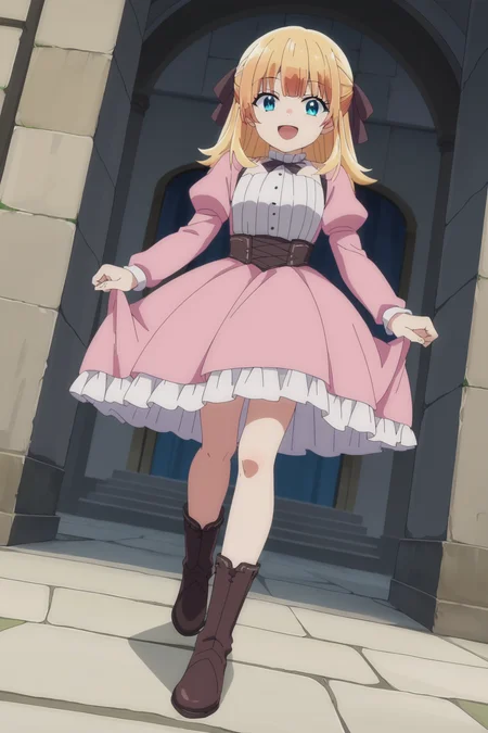 score_9,score_8_up,score_7_up, source_anime, anime screencap, 1girl, <lora:Lysia_Plaid_PonyXL_v2:1>, long hair, blonde hair, hair bow, bangs, blue eyes,
pink dress, frilled dress, bow, long sleeves, juliet sleeves, boots,
looking at viewer, smile, open mouth, full body, from below, dutch angle,