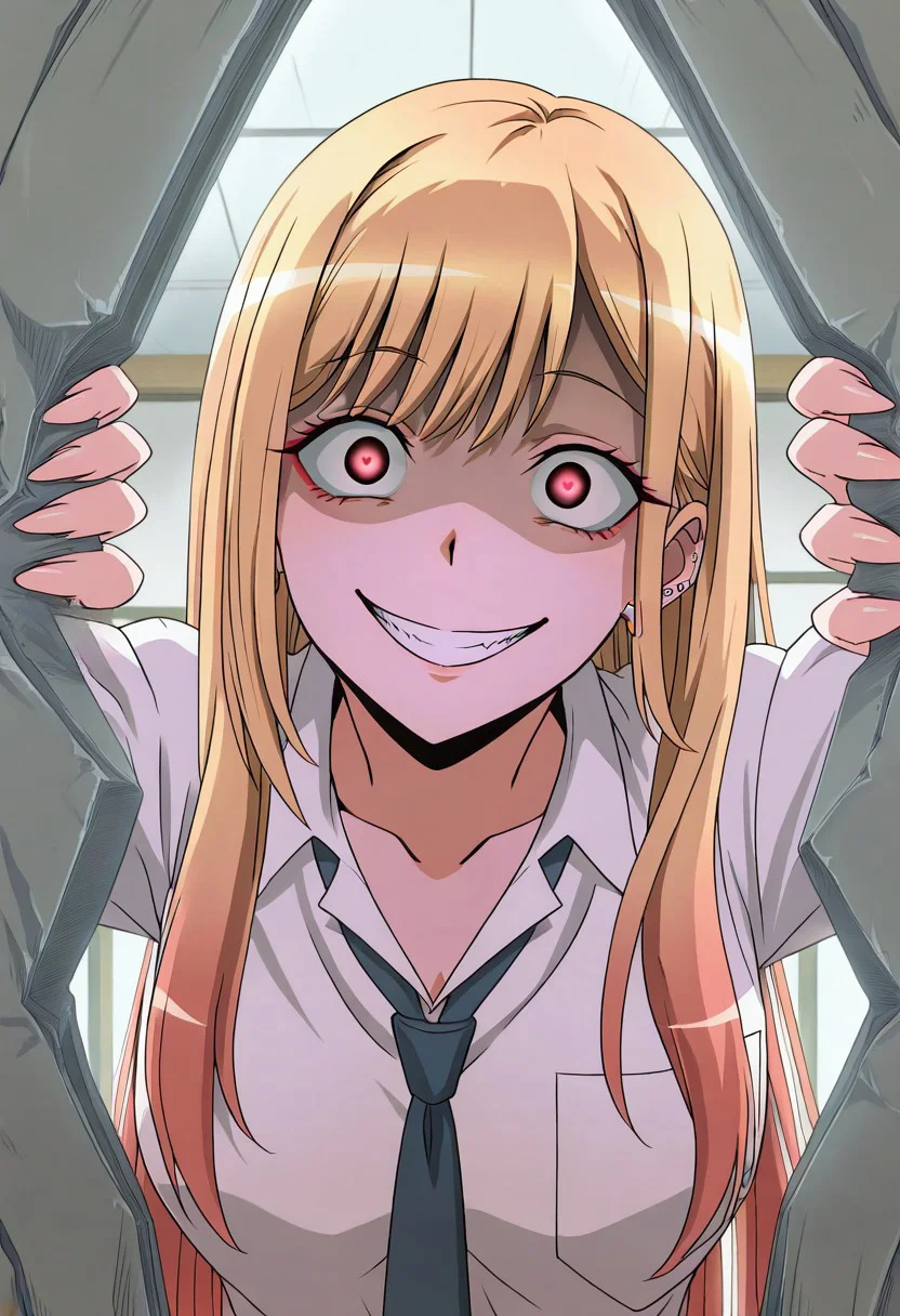 safe, masterpiece, very aesthetic, anime screencap, 1girl, kitagawa marin, (yandere, stare, crazy eyes, crazy grin:1.3), bentdoors, bent doors, inside, spread arms, hands on doors