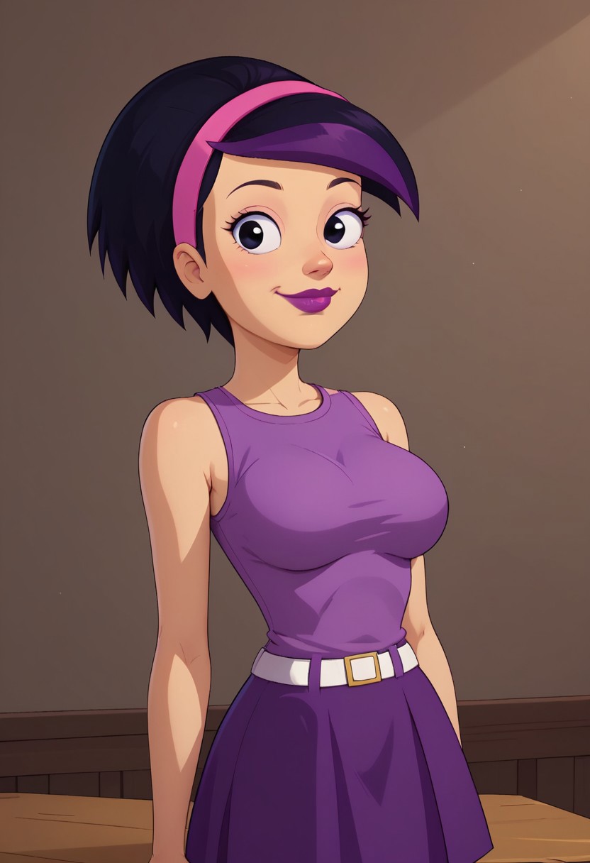 ((bedroom background)),score_9, score_8_up, score_7_up,score_6_up, 
1girl, Solo, RoxyW_CC, light skin, black hair with a purple streak, short hair, black eyes, pink headband, purple lips, violet sleeveless blouse, purple short skirt, white belt, pink sneakers, big eyes, medium stature, social smile, sexy face, close-up, face photo, perfect eyes, perfect smile, looking at the viewer, big breasts, detailed eyes, perfect eyes