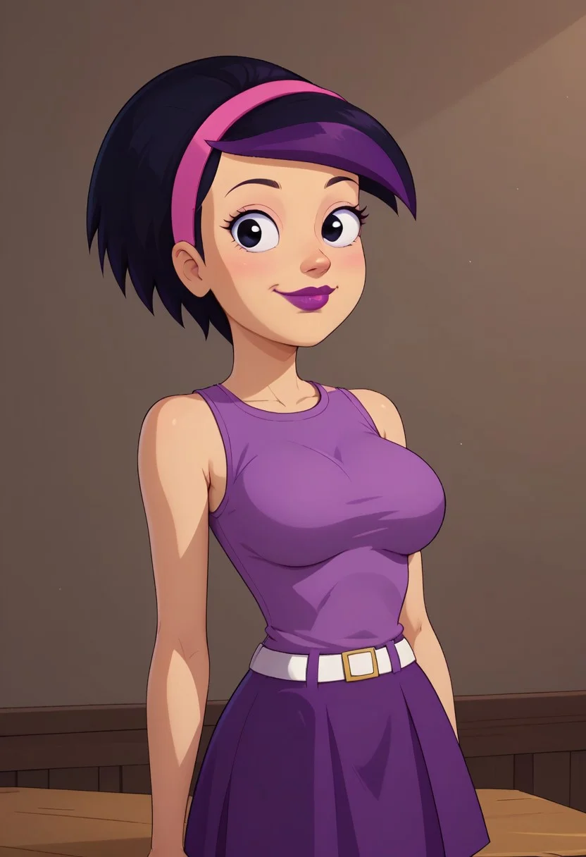 ((bedroom background)),score_9, score_8_up, score_7_up,score_6_up,
1girl, Solo, RoxyW_CC, light skin, black hair with a purple streak, short hair, black eyes, pink headband, purple lips, violet sleeveless blouse, purple short skirt, white belt, pink sneakers, big eyes, medium stature, social smile, sexy face, close-up, face photo, perfect eyes, perfect smile, looking at the viewer, big breasts, detailed eyes, perfect eyes