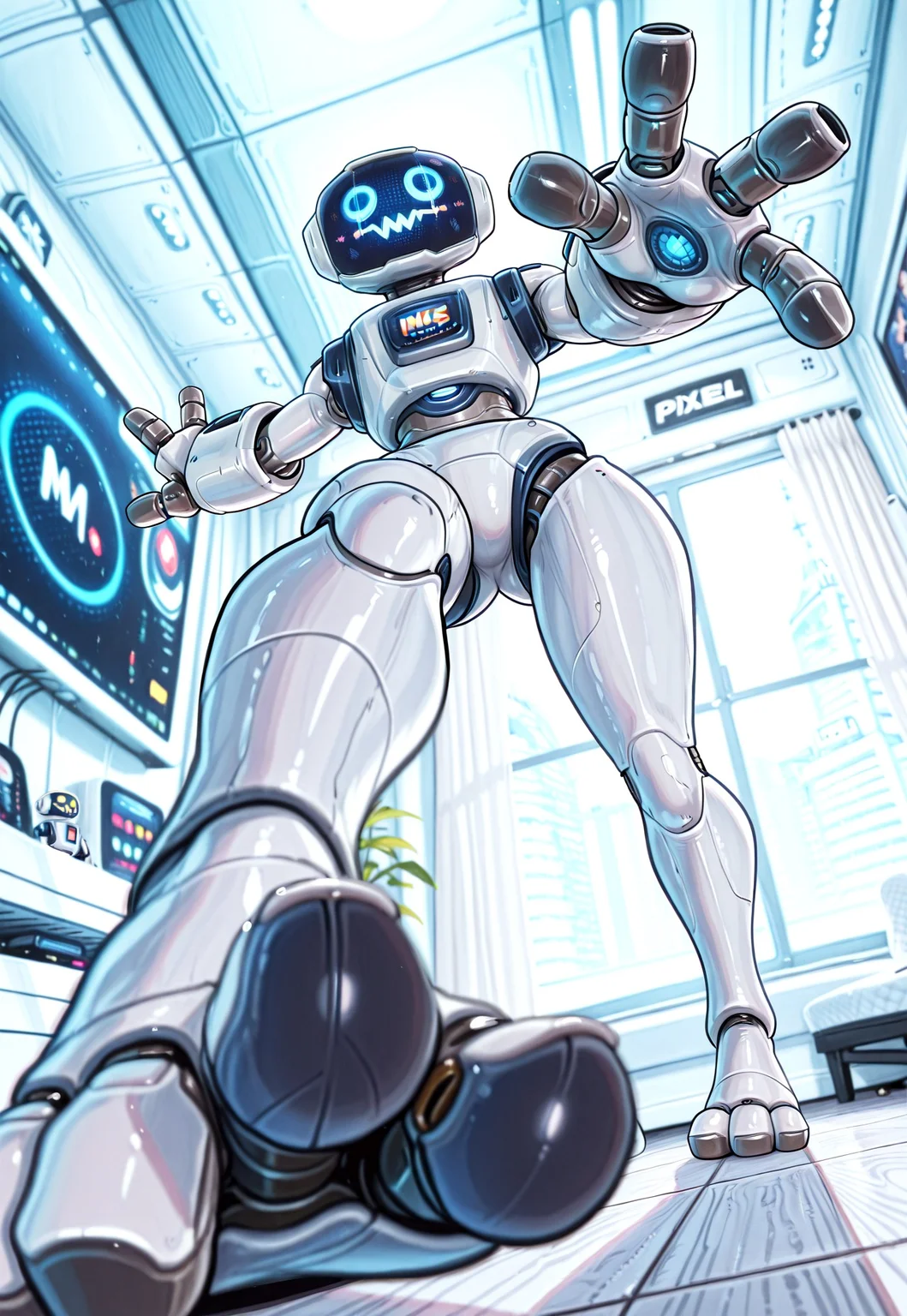 mrherbie, robot, white body, screen face, 3 fingers, legs, 3 toes,
indoors, futuristic bedroom, white theme bedroom, dynamic pose, foreshortening, perspective,
masterwork, masterpiece, best quality, detailed, depth of field, high detail, very aesthetic, shadmanILL, pixelsketcher,