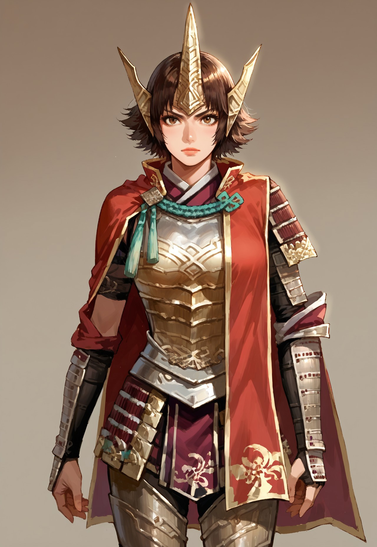 safe_pos, Score_9_up, source_8_up, score_7_up, source_anime, 1girl, solo, ginchiyoSW4, brown hair, short hair, breasts, headgear, japanese armor, jinbaori, gauntlets, greaves,