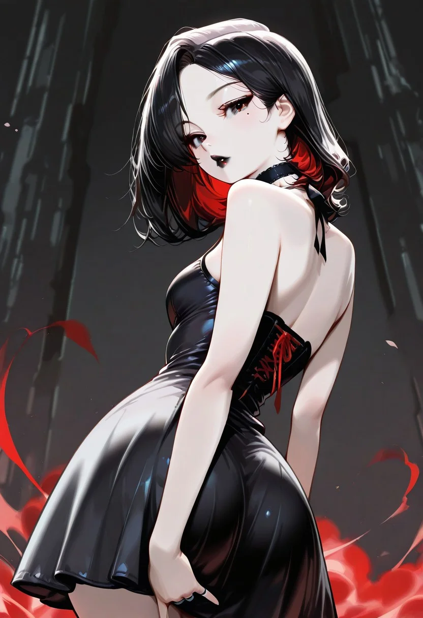 masterpiece, best quality, 32k, high resolution, absurdres, HD32k, masterpiece, In the style of Jedppa, popart, Mathilde, MathildeRH, asian girl, solo, 1girl, black hair, parted hair, medium hair, double_tendrils, two-tone_hair (red-black), dark eyes, Asian eyes, slim, small perky breasts, dark makeup, black lipgloss, posing, goth background, creepy background, , cowboy shot, looking at the viewer, detailed lips, flirty, mole under eye, pale skin, expressive, posing sexy, short goth dress, laces, ribbons, choker, necklace, finger rings, parted lips, front view, deep cleavage,, focus on face , high angle view,, ((from behind shot, back view)) ,