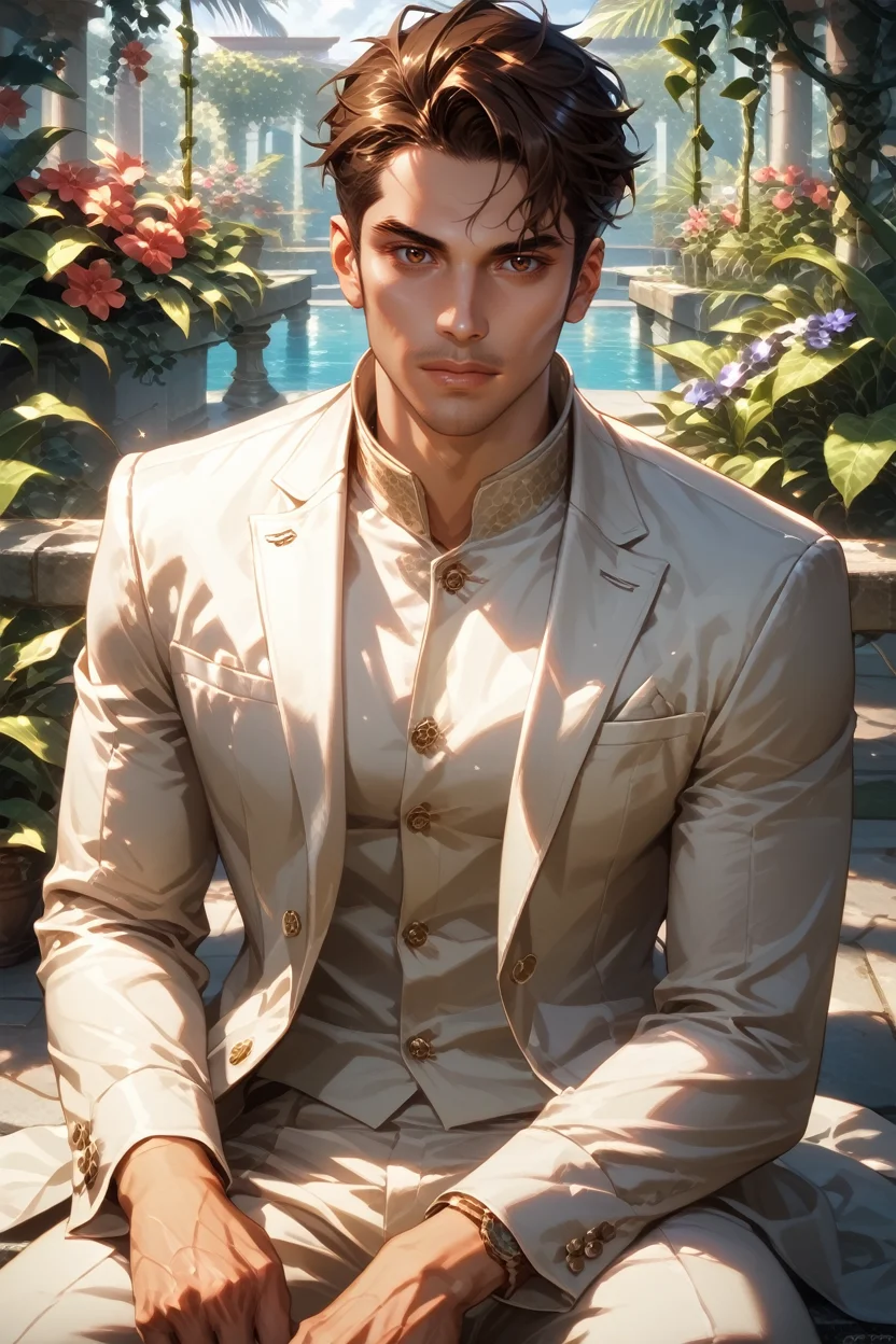 score_9, score_8_up, score_7_up,
<lora:MEKaidan:0.8>
MEKaidan, 1boy, brown hair, short hair, brown eyes, looking at viewer, sitting on a stone bench in a Mediterranean courtyard, wearing a light linen suit, vines and flowers around, warm sunlight, elegant and relaxed mood