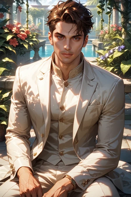 score_9, score_8_up, score_7_up,
<lora:MEKaidan:0.8>
MEKaidan, 1boy, brown hair, short hair, brown eyes, looking at viewer, sitting on a stone bench in a Mediterranean courtyard, wearing a light linen suit, vines and flowers around, warm sunlight, elegant and relaxed mood