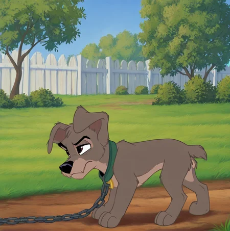 (masterpiece), (best quality), (ultra-detailed), amazing quality, very aesthetic, perfect composition, absurdres, incredibly absurdres, <lora:scamp_illustrious:1>, scampdog, solo, brown eyes, closed mouth, full body, outdoors, day, collar, tree, no humans, chain, grass, leash, bush, animal focus, chain leash, two tone fur, dog, body fur, grey fur