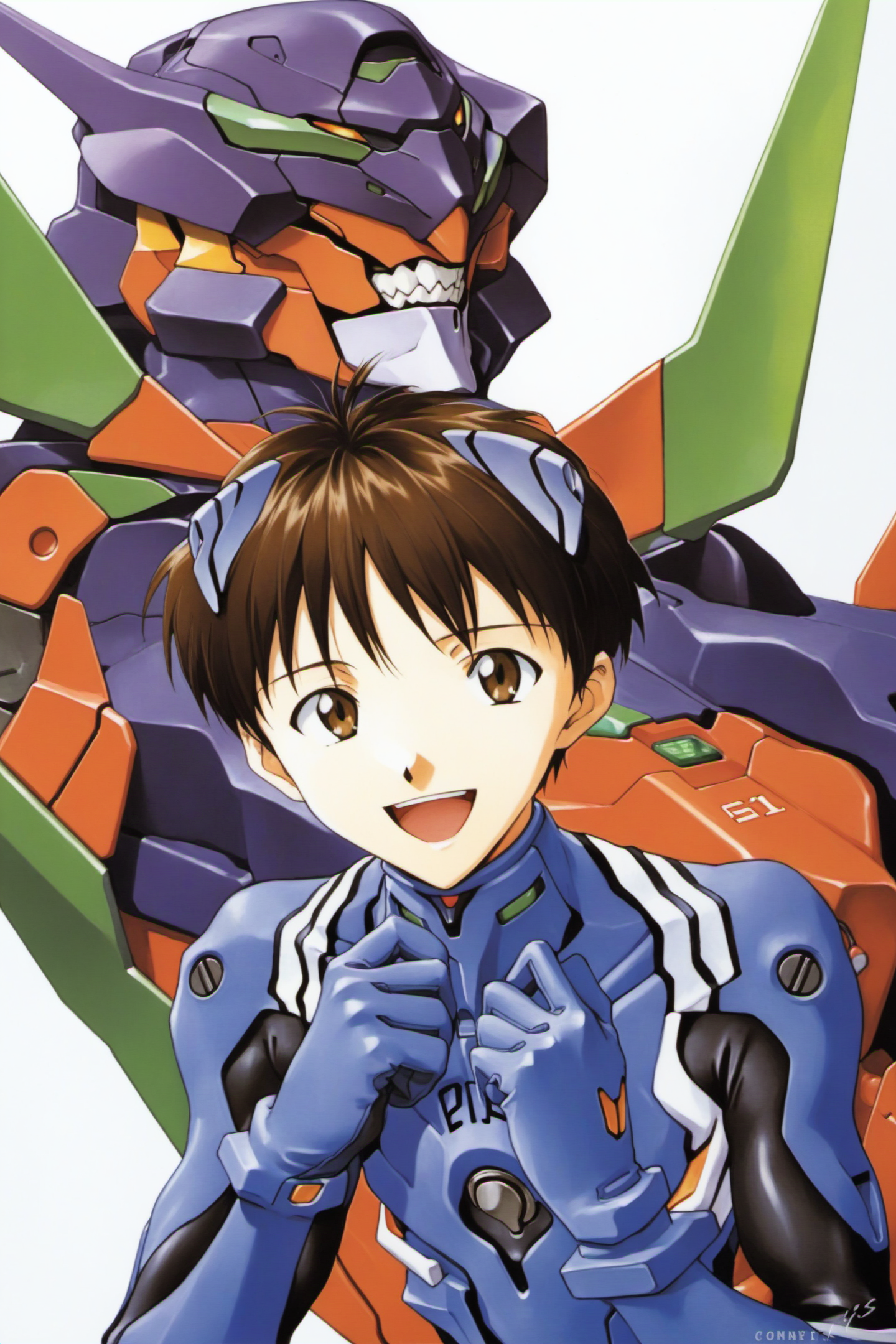 1boy, plugsuit, male focus, ikari shinji, pilot suit, interface headset, bodysuit, eva 01, mecha, smile, robot, open mouth, upper body, brown eyes, gloves, evangelion (mecha), headgear, science fiction, turtleneck, :d, teeth, bracer, bangs, brown hair, white background, solo, single horn, signature, short hair, looking to the side, upper teeth only, traditional media, black hair, blue bodysuit, simple background, <lora:Sadamoto Yoshiyuki_XL:0.8>
