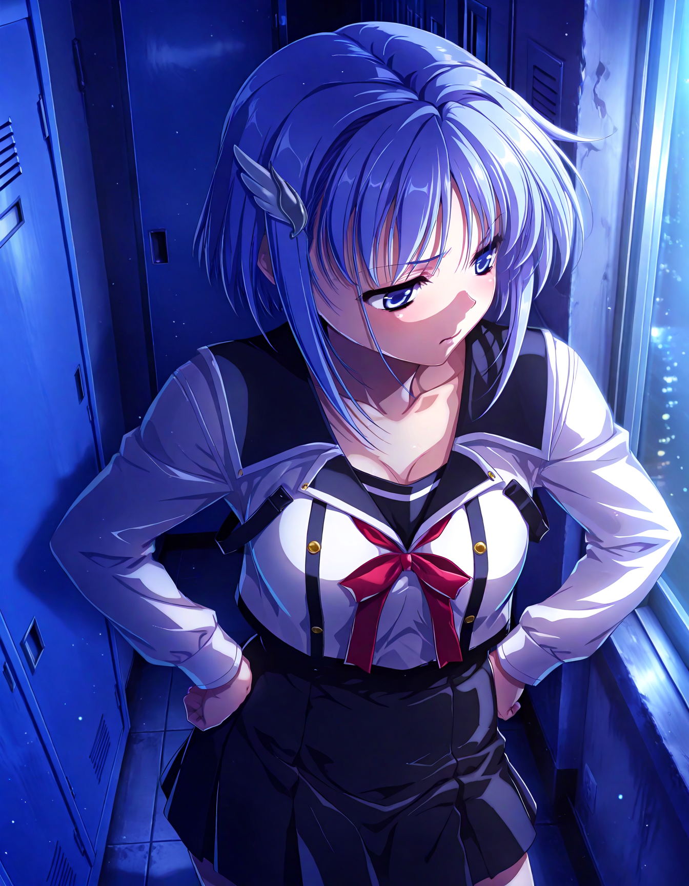 (1girl, solo:1.3), (2girls, 3girls, 4girls, multiple girls, 2boys, 3boys, 4boys, multiple boys:-1.5) <lora:Kajio_Honoka_Denshanai_de_Now_Illustrious:0.9>, kajio_honoka, medium breasts, blue eyes, blue hair, short hair, bangs, sidelocks, hair ornament, school uniform, serafuku, red ribbon, black skirt, pleated skirt, (pout:0.7), (half-closed eyes:0.7), general, contrapposto, dynamic pose, hands on own hips, portrait, from behind, from above, , indoors, school, school hallway, corridor, lockers, window, outdoor view, (curtains:-1.0), <lora:NOOB_EPSv1_1_detailer_by_vlnvk_v1_0:1.5>, (photo background:0.7), night, (tachibana yuu:0.6), inue shinsuke, (kazuma muramasa:0.0), saikawa yusa, (aoi manabu:0.6), abarerumidori, (suzui narumi:0.6), masterpiece, newest, absurdres, 8K, anime screenshot, anime coloring, flat color, official art, film grain, <lora:illustriousXLv01_stabilizer_v1.185c:0.7>, <lora:LECO_Solo:-4.0>,