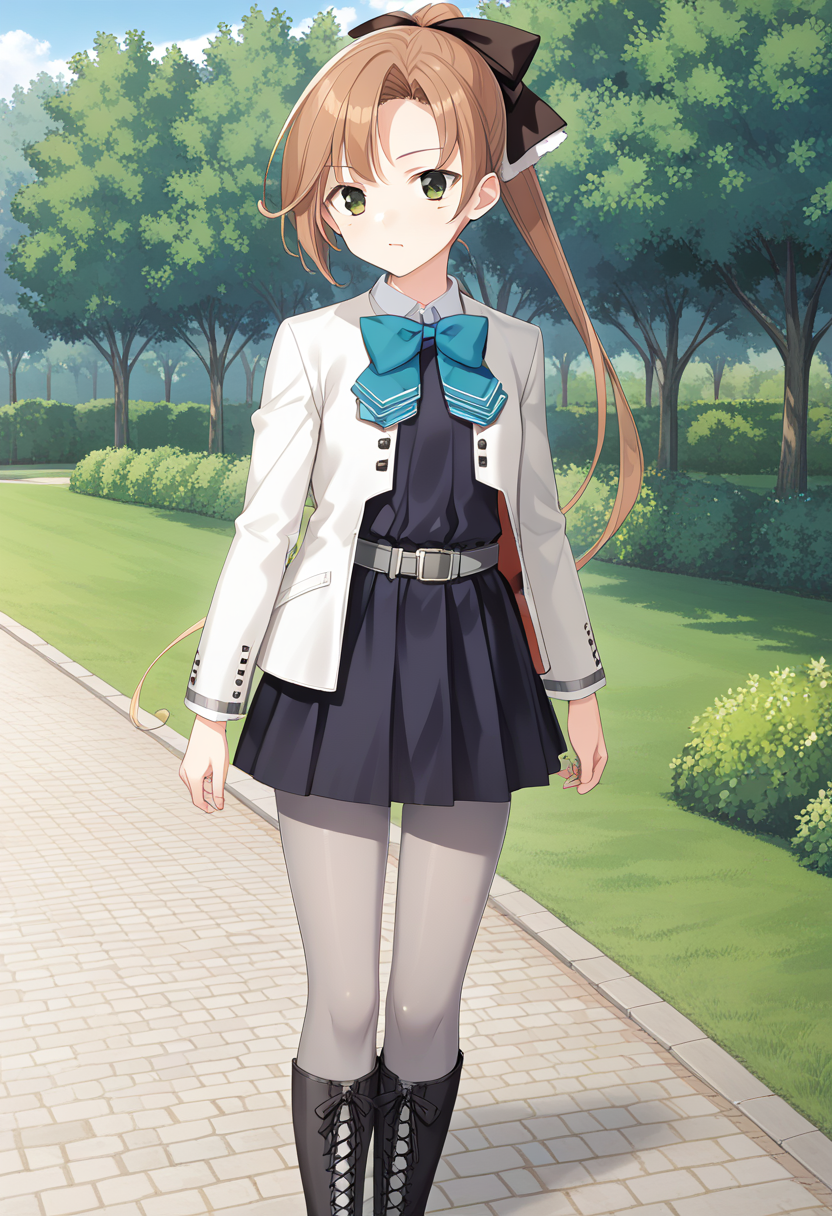 standing, 1girl, solo, full body, park, <lora:KC_01DD_akigumo_pony:1> akigumokc, brown_hair, long hair, ponytail, hair ribbon, black ribbon, green eyes,      akigumokaikc, jacket_blue_bowtie, white jacket, blue bowtie, black dress, long sleeves, skirt, pleated skirt, grey pantyhose, black boots, grey belt,, score_9,score_8_up, score_7_up, source_anime, masterpiece, best quality,  official art, official style, game cg, megami magazine, rating_safe, rating_questionable, <lora:Fixhands_anime_bdsqlsz_V1:0.75>, NEGATIVE_HANDS
