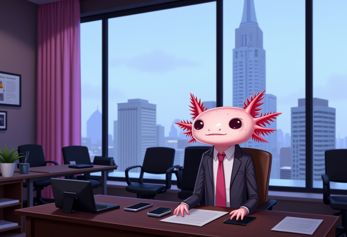 broken age of, An axolotl in a smart business suit is seated in a high-rise office, sneakily ordering a second dessert on the company credit card while pretending to review important documents The office is sleek and modern, with floor-to-ceiling windows offering a stunning view of the city below, and minimalist furniture adding to the professional atmosphere The axolotlâs suit is crisp and professional, with a tie perfectly knotted and a briefcase resting by its side Its expression is one of satisfaction as it clicks the order button, already imagining the indulgent treat that will arrive shortly, while the documents on the desk remain untouched, the axolotl has pink frilly gills and pink skin