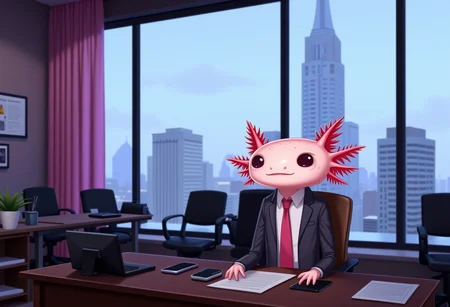 broken age of, An axolotl in a smart business suit is seated in a high-rise office, sneakily ordering a second dessert on the company credit card while pretending to review important documents The office is sleek and modern, with floor-to-ceiling windows offering a stunning view of the city below, and minimalist furniture adding to the professional atmosphere The axolotlâs suit is crisp and professional, with a tie perfectly knotted and a briefcase resting by its side Its expression is one of satisfaction as it clicks the order button, already imagining the indulgent treat that will arrive shortly, while the documents on the desk remain untouched, the axolotl has pink frilly gills and pink skin