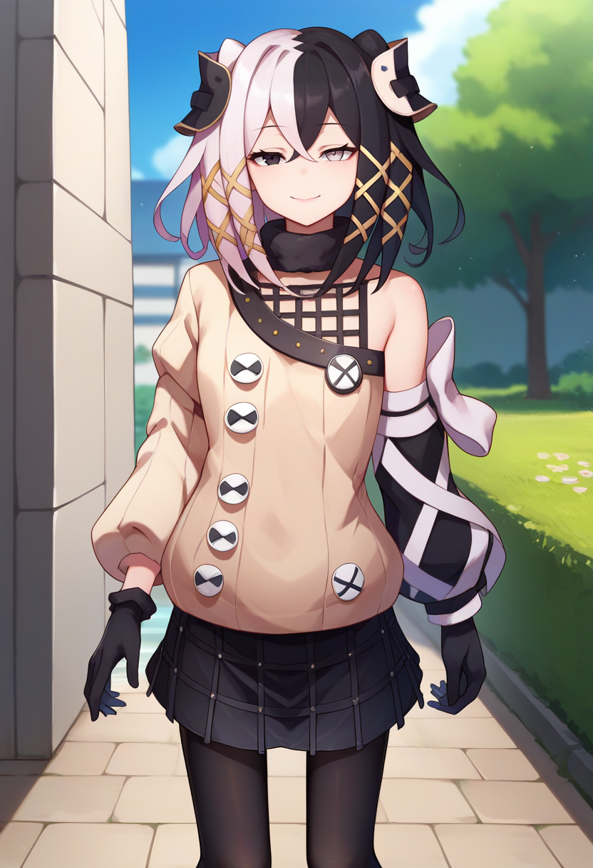 score_9, score_8_up, score_7_up, source_anime, solo, 1girl, olantilene, smile, closed mouth, looking at viewer, standing, x hair ornament, heterchromia, black eyes, grey eyes, white sweater, long sleeves, single detached sleeve, black sleeves, black gloves, black skirt, black pantyhose, single bare shoulder, outdoors <lora:ol_antilene_ponyXL:1>
