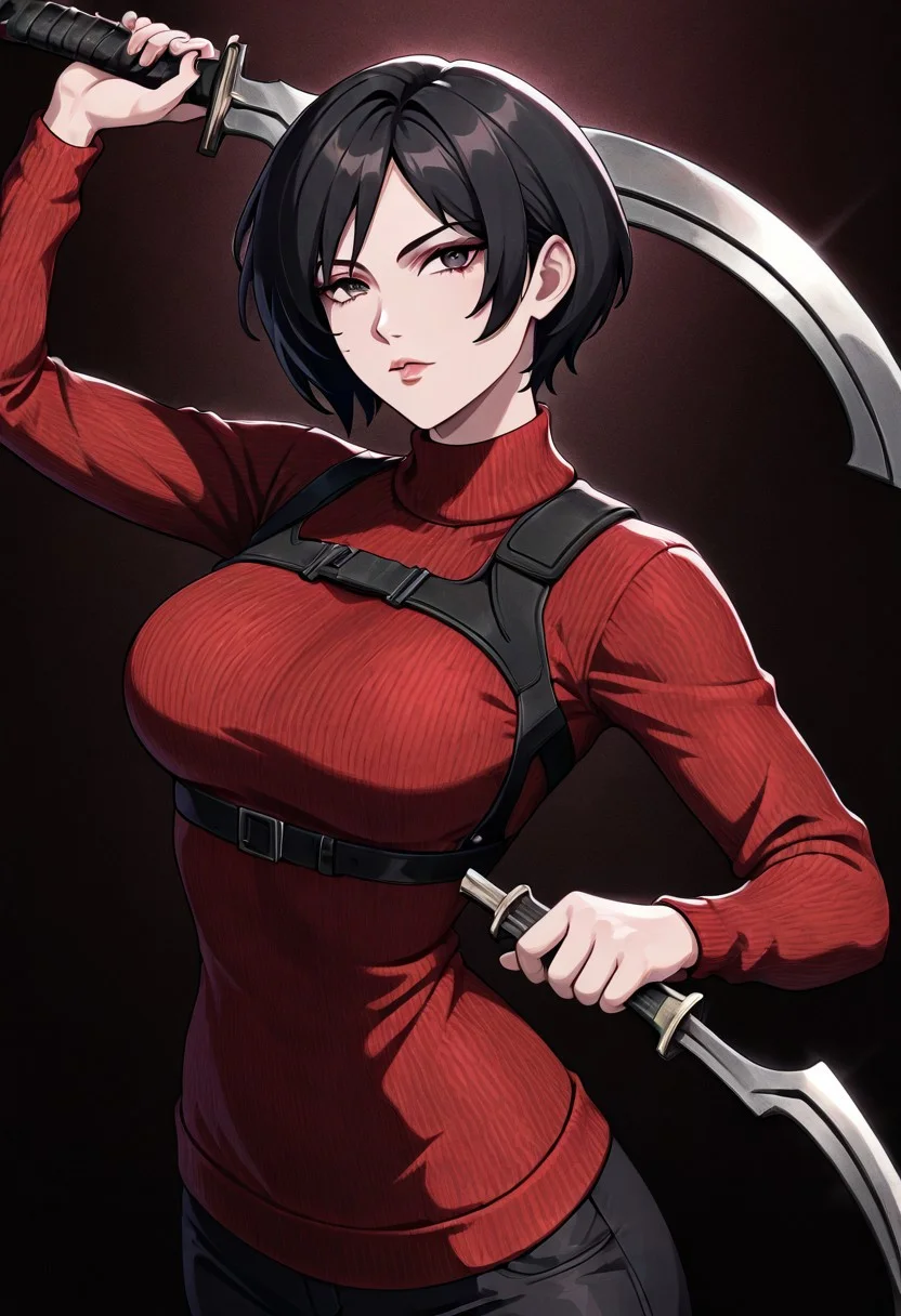 masterpiece, best quality, newest, absurdres, highres, anime, anime style, holding sword, holding weapon, holding, KHV1.0, khopesh, sword, weapon, 1girl, Ada_wong, /(resident evil/), asian, asian female, short hair, black hair, sweater, red sweater,