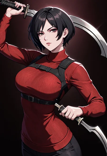 masterpiece, best quality, newest, absurdres, highres, anime, anime style, holding sword, holding weapon, holding, KHV1.0, khopesh, sword, weapon, 1girl, Ada_wong, /(resident evil/), asian, asian female, short hair, black hair, sweater, red sweater,