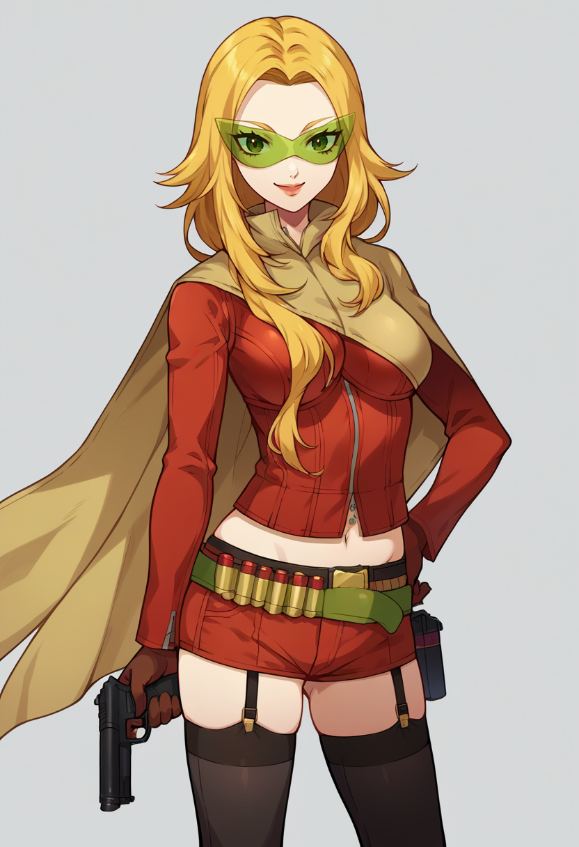 score_9, score_8_up, score_7_up, source_anime, BREAK solo, 1girl,  <lora:Nozomi-pdxl_Fp:1>, nozomidef, blonde hair, green eyes, long hair, tinted eyewear, midriff, zipper, short shorts, thighhighs, cape, long sleeves, brown gloves, black thighhighs, garter straps, smile, hand on own hip, holding gun, handgun, belt