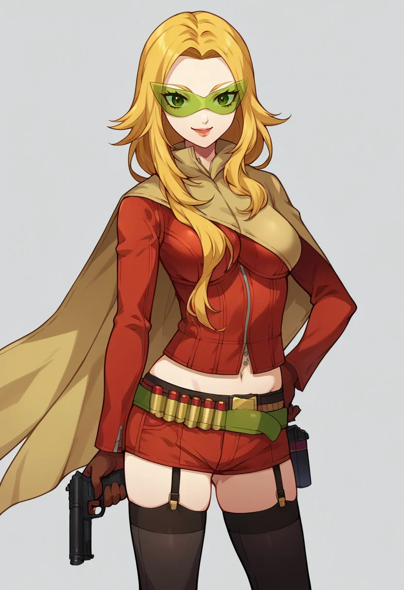 score_9, score_8_up, score_7_up, source_anime, BREAK solo, 1girl, <lora:Nozomi-pdxl_Fp:1>, nozomidef, blonde hair, green eyes, long hair, tinted eyewear, midriff, zipper, short shorts, thighhighs, cape, long sleeves, brown gloves, black thighhighs, garter straps, smile, hand on own hip, holding gun, handgun, belt