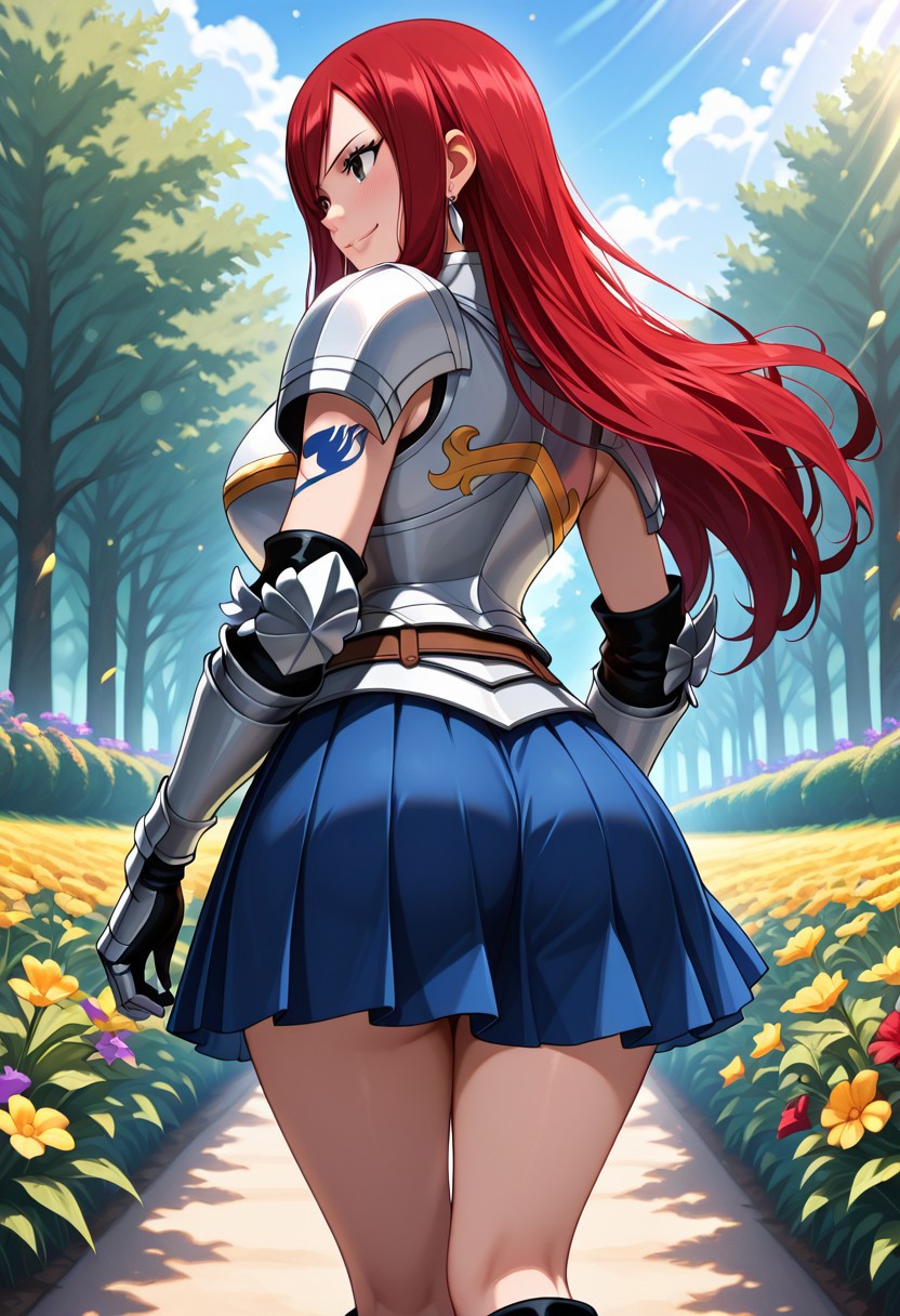 masterpiece, best quality, amazing quality, dynamic view,  solo, dynamic view,  solo, 1girl, masterpiece, best quality, bokeh, luminescent background, 
(erzascarlet,,
 red hair, long hair, earring,  brown eyes, shoulder tattoo, fairy tail tattoo, large breasts,,
 armor, breastplate, gauntlets, pauldrons, shoulder armor, pleated skirt, blue skirt, khee boots, black boots, 
, ), 
 solo, from behind, outdoors, garden, flower, red flower, blue flower, purple flower, yellow flower, looking back, smile