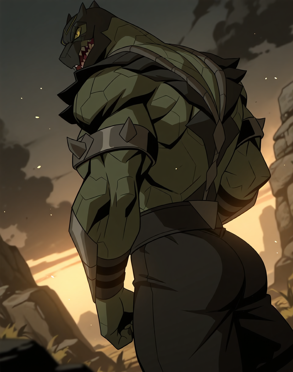 <lora:Reptile_(Mortal_Kombat_Legends_Scorpion's_Revenge)_(Illustrious)_(AD):1> Reptile_MK, muscular, Mortal Kombat, 
dutch angle, exterior, monumental architecture, wasteland, dark night sky with black clouds, mountains, ancient Asian stone ruins, 
male focus, gradient coloring, villain, cowboy shot, hyper muscular, side view, butt, 
BREAK very awe, aesthetically pleasing, masterpiece, best quality, amazing quality, very aesthetic, perfect depth of field shot, in'ei, source_furry, furry_art, 
Smooth Quality, lazympos, IllustQualXL_Pos,