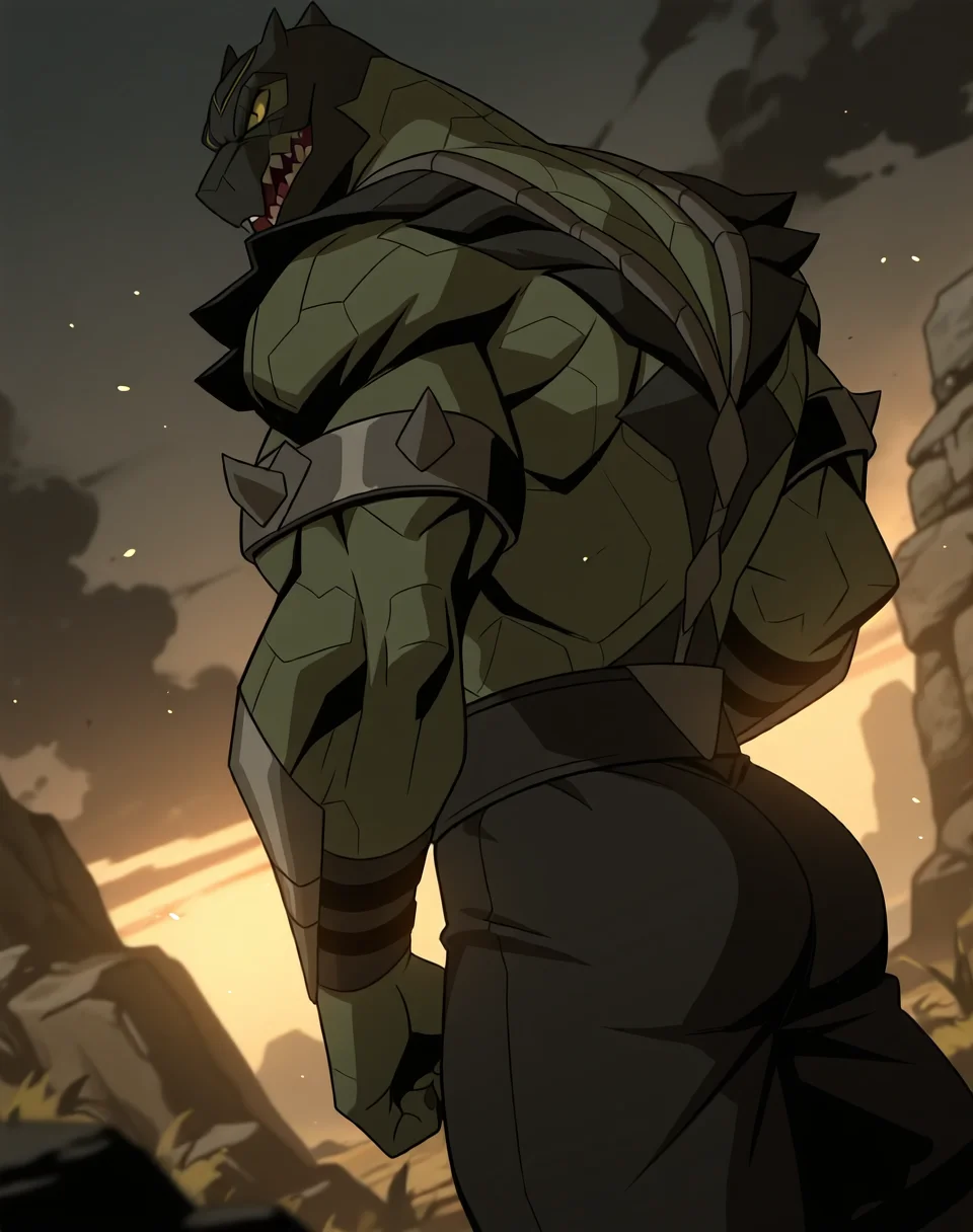 <lora:Reptile_(Mortal_Kombat_Legends_Scorpion's_Revenge)_(Illustrious)_(AD):1> Reptile_MK, muscular, Mortal Kombat,
dutch angle, exterior, monumental architecture, wasteland, dark night sky with black clouds, mountains, ancient Asian stone ruins,
male focus, gradient coloring, villain, cowboy shot, hyper muscular, side view, butt,
BREAK very awe, aesthetically pleasing, masterpiece, best quality, amazing quality, very aesthetic, perfect depth of field shot, in'ei, source_furry, furry_art,
Smooth Quality, lazympos, IllustQualXL_Pos,