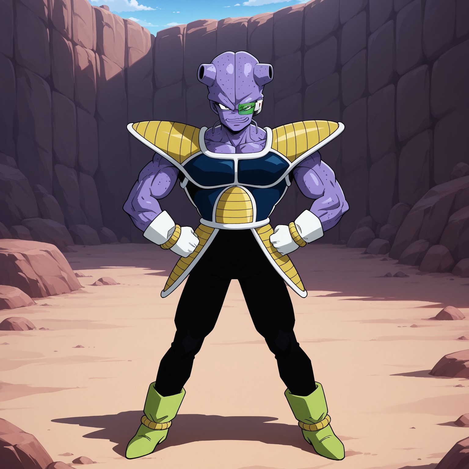 1boy, 2d, solo, Cui, Male, black eyes, purple skin, alien, humanoid, lips, saiyan armor, black pants, white gloves, green boots, green scouter, muscular, muscular male

BREAK hands on hips, fists, full body, outside, outdoors, standing, smirk, looking at viewer

BREAK best quality, amazing quality, very aesthetic, absurdres, newest, masterpiece, high quality