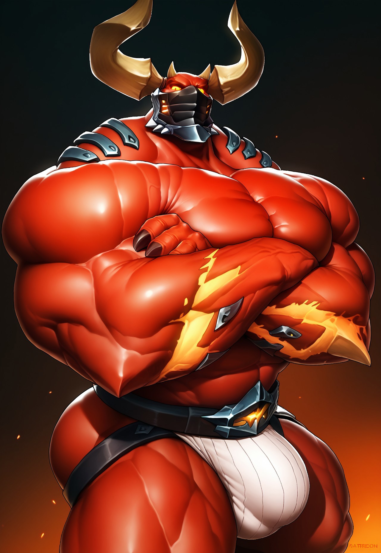 safe_pos, score_9, score_8_up, score_7_up, solo, 1boy, r@um, demon, red skin, horns, glow yellow sclera, mask, muscular, portrait, bara, face and pecs focus, hyper huge pecs, hyper huge nupples, jockstrap, huge bulge, crossed arms,