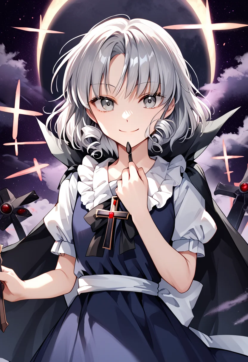 score_9_up, score_8_up, score_7_up, BREAK source_anime, (masterpiece), (best quality), 1girl, grey eyes, short sleeves, cape, holding a cross, dress, moon, black cape, puffy sleeves, drill hair, brooch, frills, puffy short sleeves, short hair, grey hair, looking at viewer, creepy smile, closeup upper body, (ultra detailed), shine, glowing cross background, (from front:0.6),  <lora:muse(seihou)-V1:1>
