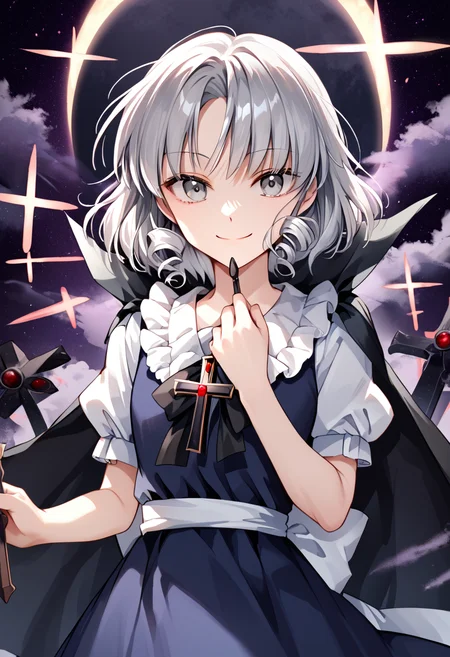 score_9_up, score_8_up, score_7_up, BREAK source_anime, (masterpiece), (best quality), 1girl, grey eyes, short sleeves, cape, holding a cross, dress, moon, black cape, puffy sleeves, drill hair, brooch, frills, puffy short sleeves, short hair, grey hair, looking at viewer, creepy smile, closeup upper body, (ultra detailed), shine, glowing cross background, (from front:0.6), <lora:muse(seihou)-V1:1>