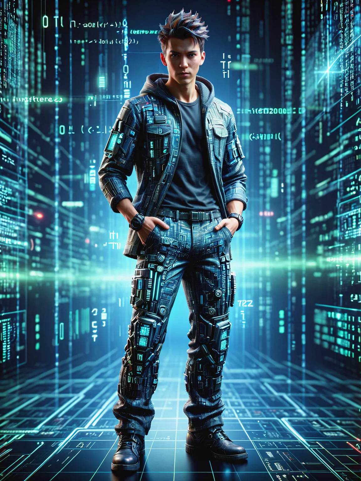 man made of mad-dtstrm in cyberspace Hands in pockets pose <lora:Neon_Cyberpunk_Datastream_SDXL:0.8>, (masterpiece:1.2), best quality