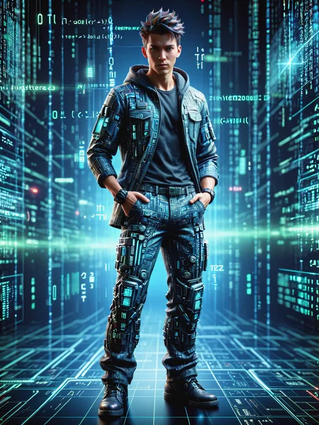 man made of mad-dtstrm in cyberspace Hands in pockets pose <lora:Neon_Cyberpunk_Datastream_SDXL:0.8>, (masterpiece:1.2), best quality