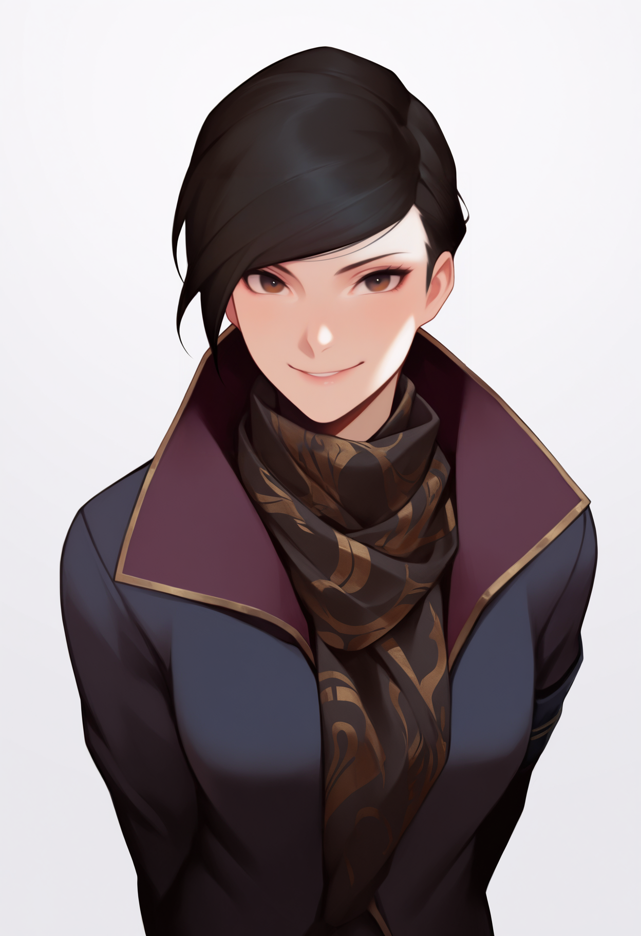 masterpiece, best quality, very aesthetic, absurdres,
1girl, ekaldwin, brown eyes, black short hair, 
scarf, jacket,
upper body, 
smile, looking at viewer, solo, (simple background, white background:1.3),   <lora:EmilyKaldwinNoobXL_byKonan:1>