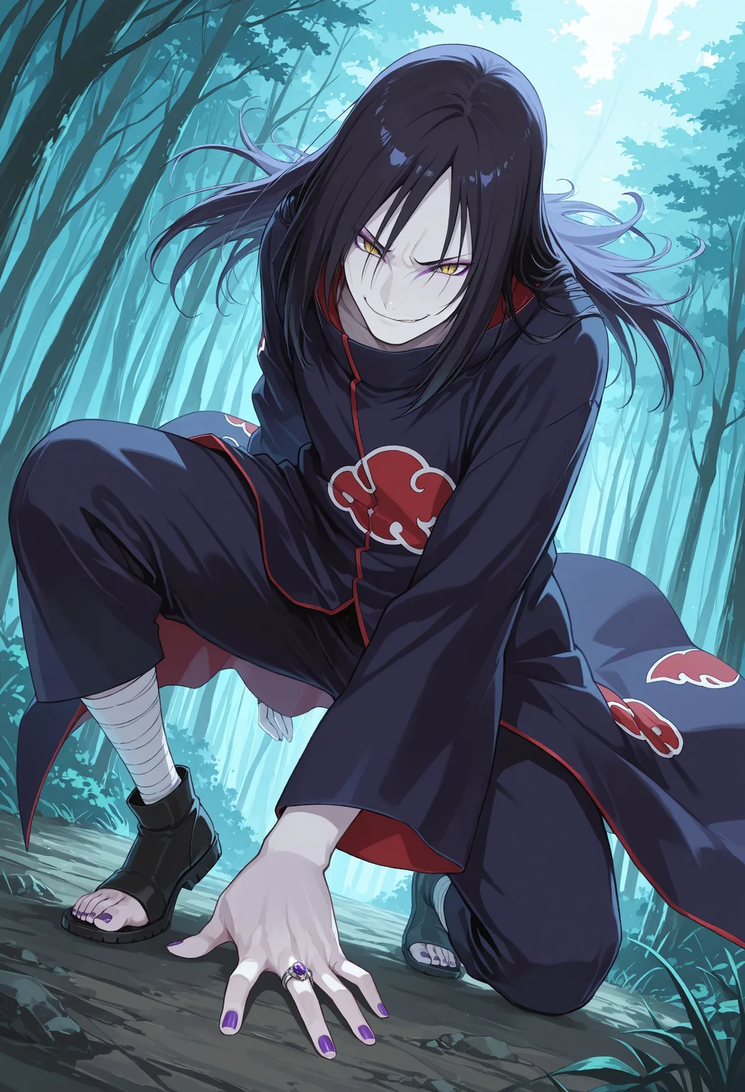 masterpiece, best quality, very aesthetic, NRTO_Orochimaru, 1boy, solo, male focus, black hair, long hair, yellow eyes, slit pupils, white skin, purple eyeliner, AkatsukiOro, official alternate costume, akatsuki uniform, nail polish, black pants, white leg wrap, black toeless footwear, ring, purple nails, smirk, dynamic pose, perspective, forest