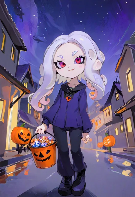 <lora:splatoonxl28-000014:1> octoling girl, solo, halloween, vampire costume, smile, night sky, pale skin, white hair, red eyes, residential street, purple tones, candy bucket, pants