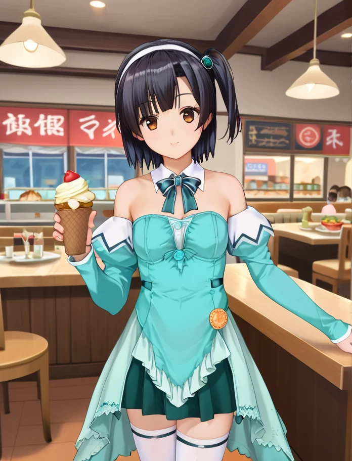 score_9, score_8_up, score_7_up, score_6_up, score_5_up, score_4_up, (source_anime:1.3),(masterpiece:1.3), (high quality:1.3),(1girl: pia3_fm,mint-cream dress,frills,detached collar,detached sleeves,bare shoulders,strapless,green skirt,white thighhighs,nagarakc, black hair, short hair, one side up, brown eyes, headband, ),cowboy shot, <lora:pia_carrot_3_outfits:1.0>, restaurant,