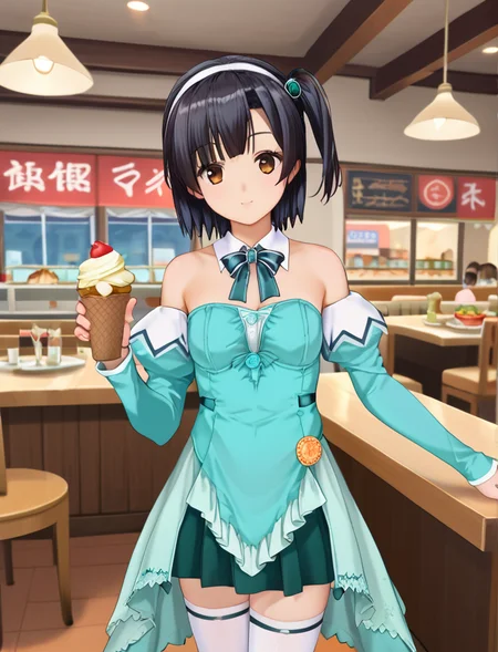 score_9, score_8_up, score_7_up, score_6_up, score_5_up, score_4_up, (source_anime:1.3),(masterpiece:1.3), (high quality:1.3),(1girl: pia3_fm,mint-cream dress,frills,detached collar,detached sleeves,bare shoulders,strapless,green skirt,white thighhighs,nagarakc, black hair, short hair, one side up, brown eyes, headband, ),cowboy shot, <lora:pia_carrot_3_outfits:1.0>, restaurant,