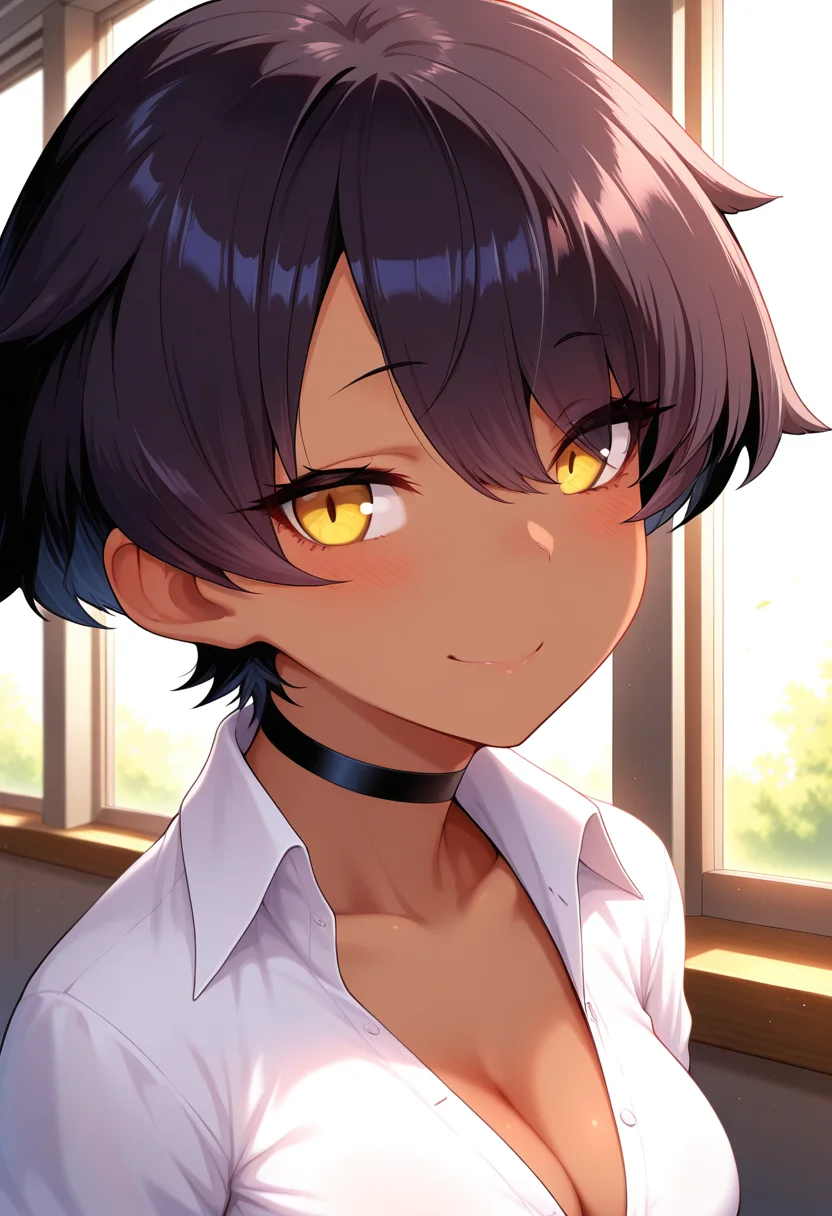 masterpiece, best quality, amazing quality, 1girl, solo, (portrait:1.2), linww, tomboy, petite, dark skin, dark-skinned female, yellow eyes, black hair, short hair, asymmetrical bangs, medium breasts, school uniform, black choker, breasts, cleavage, white collared shirt, looking at viewer, smile, indoors, day, skindentation, detailed clothing folds, depth of field, sharp, high contrast, dynamic light <lora:Lin_Ibunka_Communication_ill_v22:0.9>