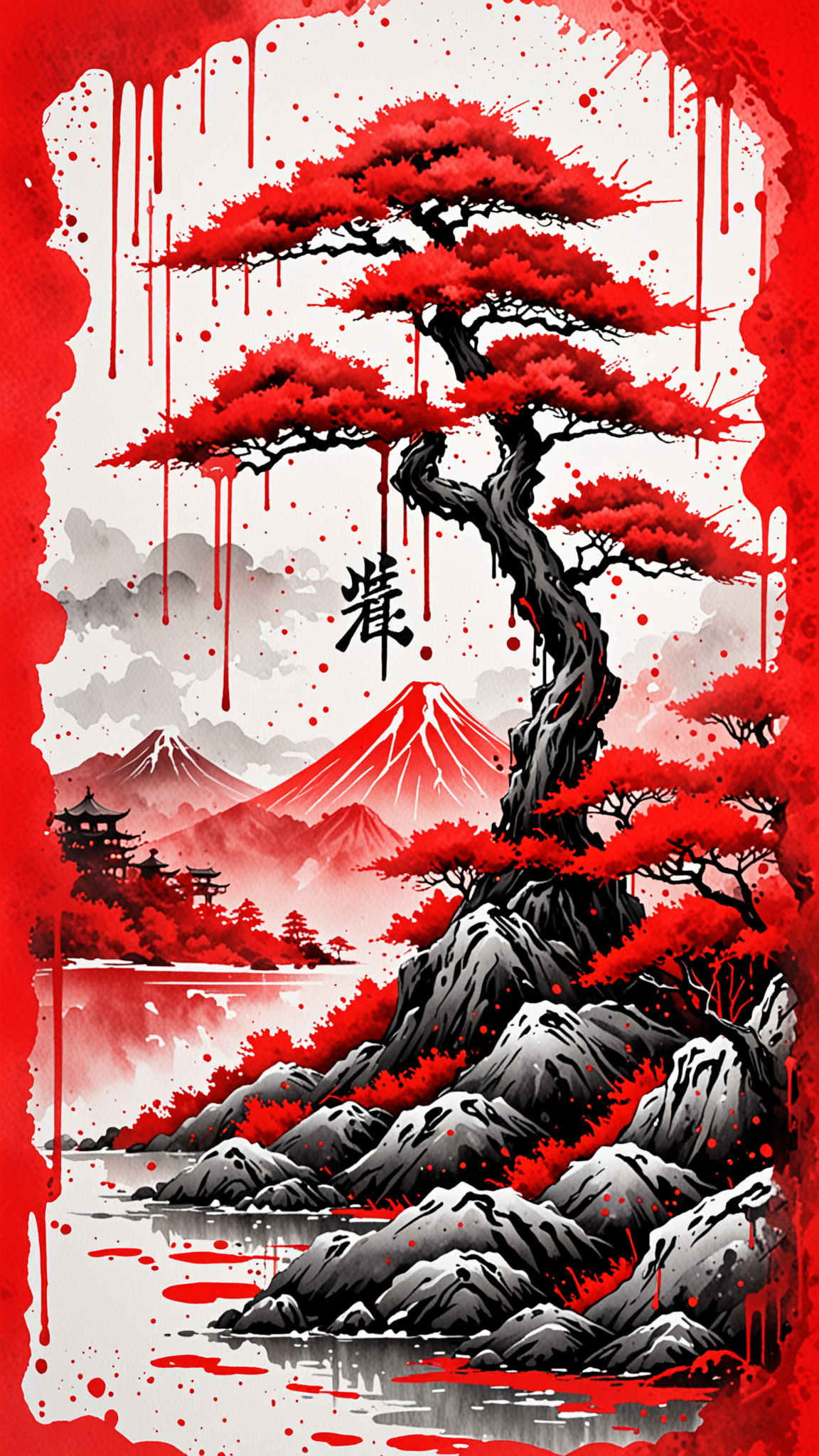 (ULIMATE Spray Painted style), Graffiti landscape, (Japanese Writing in Red), trending on ArtStation , intricate details, masterpiece, best quality, (Use Dream Diffusion Secret Prompt), (Epic), UHD <lora:Paint_Effects_SDXL_-_By_DICE:1>  WaterColour Paint Effect, Dripping Paint Effect,