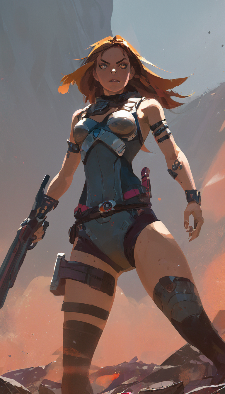 Female sci-fi warrior, fierce fight, scenery, detailed background, masterpiece, best quality, high quality, absurdres, Toni Infante <lora:toni_infante_xl_v3:1>