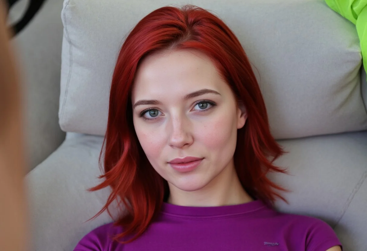 MadiKat, An extremely high resolution photograph of a stunningly beautiful redhead woman. She is wearing a tight purple tee shirt. Portrait photo zoomed in on only her face. in the style of Jed-clrfl, Real Nipples and Areola Textures, RNAT, AiArtV
