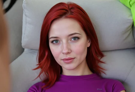 MadiKat, An extremely high resolution photograph of a stunningly beautiful redhead woman. She is wearing a tight purple tee shirt. Portrait photo zoomed in on only her face. in the style of Jed-clrfl, Real Nipples and Areola Textures, RNAT, AiArtV