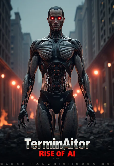 (a sci-fi movie poster showing the text "TerminAItor - Rise of AI" chromed font with sharp edges) with a very muscular (robot man) with red glowing electronic eyes and wide jawline looking at the camera with a serious face, glowing cybernetic endoskeleton, body builder transparent muscles with glowing wires BREAK
walking among the rubble of a burning city with fire under its feets, ashes and cinder floating in the air BREAK
(full body shot), photo realistic, 4k textures, hdr, sharp focus, ultra realistic, dutch angle, dolly zoom, lens flare, deep shadows, dim led lights, intricate details, high detailed skin, skin pores