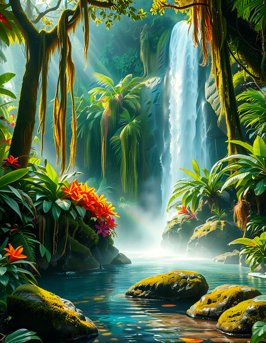 A stunning and tranquil view of a jungle waterfall cascading down smooth, moss-covered rocks into a crystal-clear pool below. The scene is surrounded by dense, lush greenery, with towering tropical trees and vibrant, oversized ferns creating a natural canopy that filters sunlight into dappled patterns on the forest floor. Brightly colored flowers in shades of red, orange, and purple add splashes of color among the greenery, while vines and roots wind their way around the rocks and trees. Mist rises from the base of the waterfall, catching the sunlight and creating a soft, ethereal glow, with a faint rainbow visible in the spray. Exotic birds with iridescent feathers can be seen perched on branches, and the faint sound of distant animal calls adds to the sense of a thriving, untouched paradise. The overall atmosphere is serene, magical, and vibrant, capturing the untamed beauty of nature.<lora:SDXLFaeTastic2400:0.4> <lora:extremely_detailed:0.4> extremely detailed, <lora:Jungle_w4t3rf4ll:1>,Jungle w4t3rf4ll, Masterpiece,best quality,hi res,8k,hi res,8k,award winning,(sharp focus, intricate, highly detailed),
