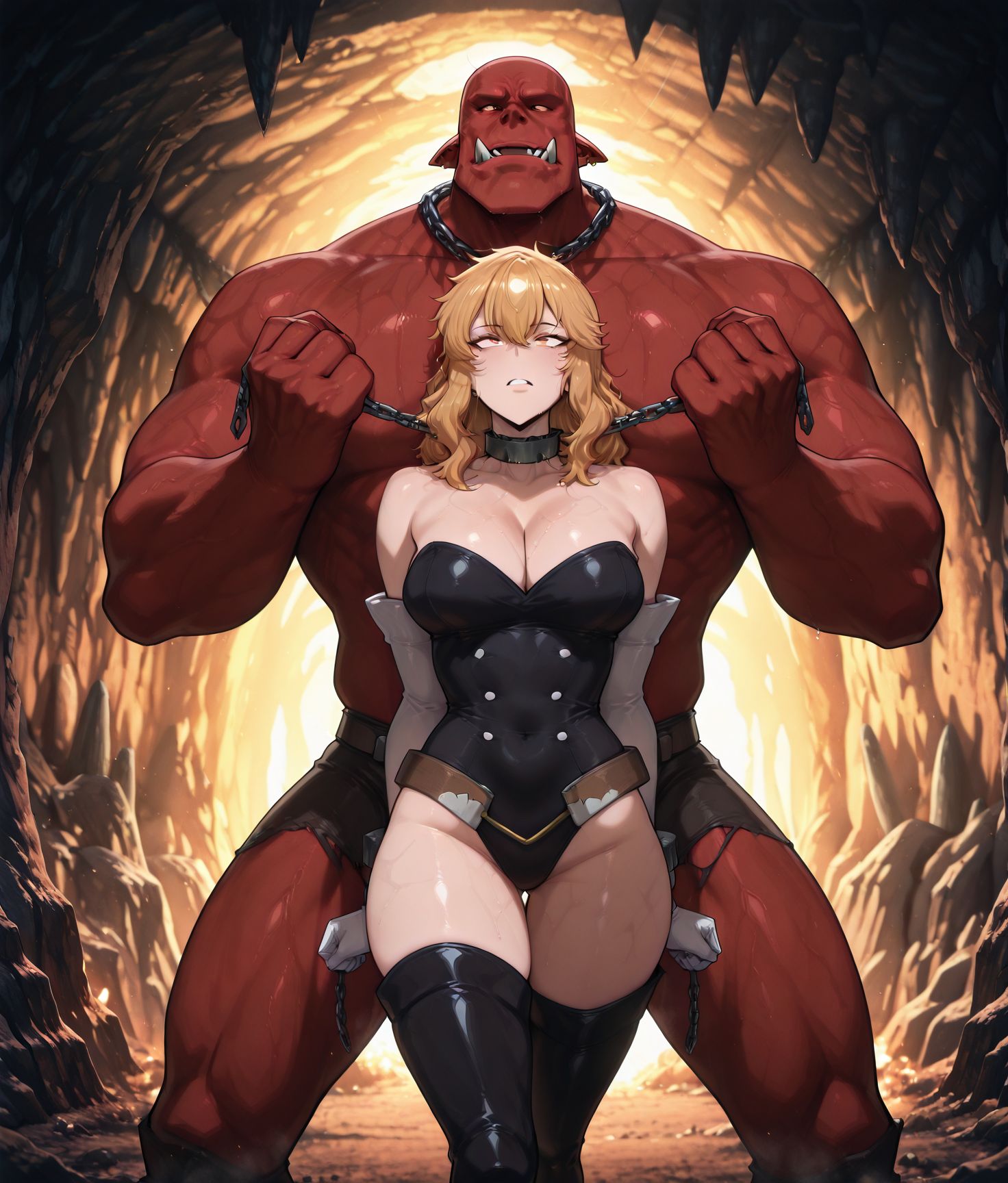 masterpiece, absurdres,amazing quality, best quality, detailed background, 8k, 
outdoors, cave, 
<lora:Choke_Hold_r1:0.8>Choke_HoldV1,
chain  around neck, tied neck,another hands holding chain around neck,
suffocation, person from behind,
 giant red orc\(sololeveling\), 
gina\(sololeveling\), 
thigh boots,black leotard ,
<lora:Gina_-_Solo_Leveling:1>