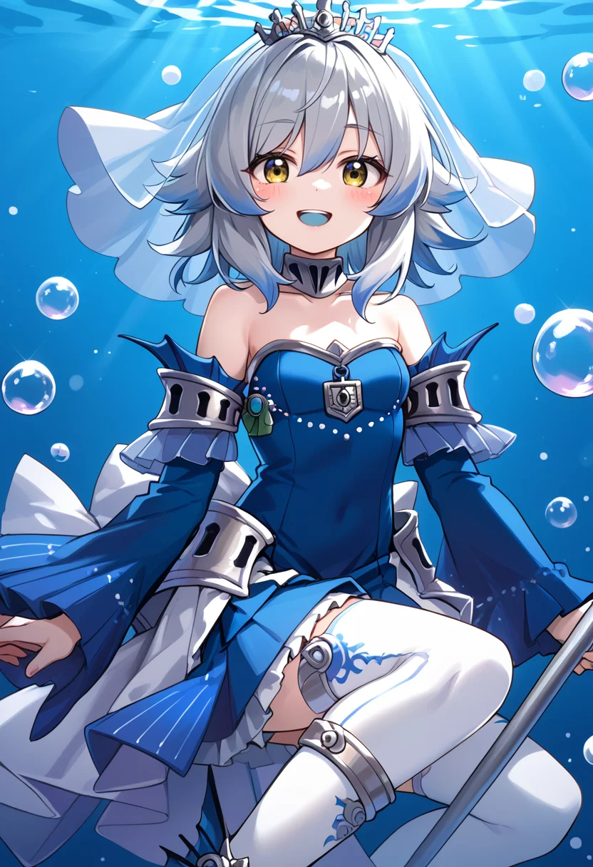 (score_9:0.9),score_8_up,score_7_up,rating_safe,anime style,(zPDXL),(zPDXL3),<lora:Tearlaments Merrli ponyXL v1.1:0.6>,blue dress,tearlaments merrli,silver tiara,blue detached sleeves,mermaid,calf fins,1girl,solo,blue bridal veil,smile,blush,open mouth,looking at viewer,:d,teeth,white thighhighs,air bubble,staff,holding staff,blue mouth,underwater,