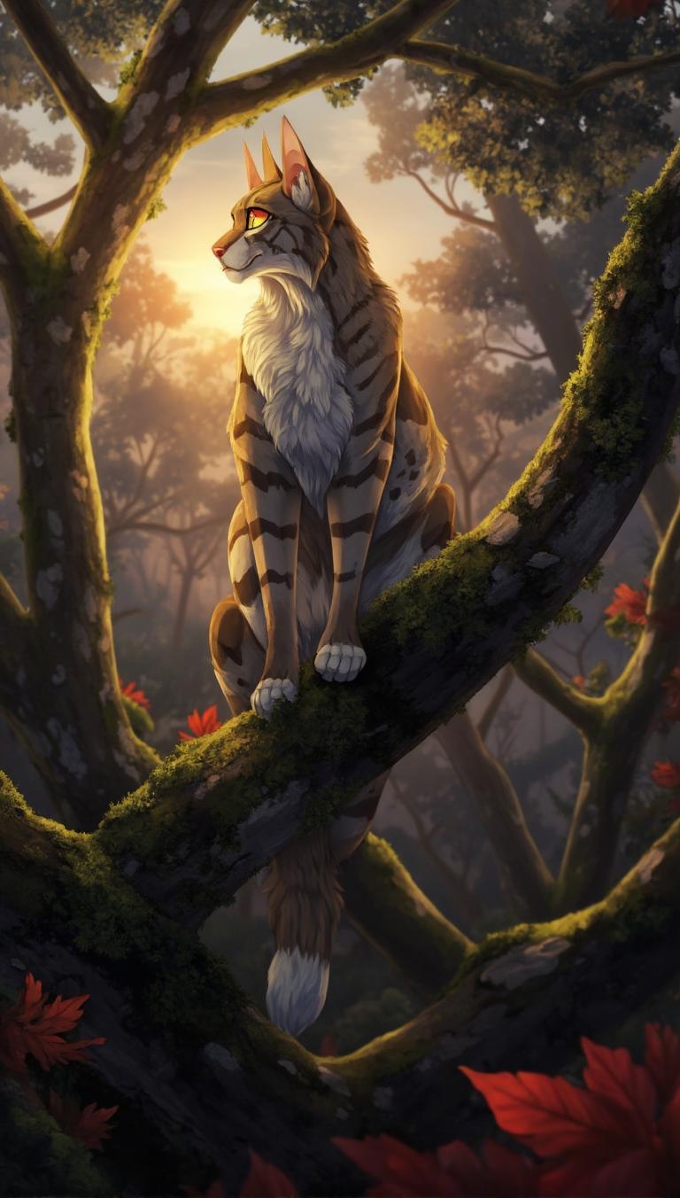 <lora:ck-LttleGhost-000011.safetensors:1> in the style of ck-lttlegh0stA Siberian lynx adult male perches on a tree branch in a misty forest, its golden-yellow eyes scanning the underbrush. The low-angle view casts long shadows, and the soft light highlights the intricate patterns on its fur. The setting sun creates an eerie ambiance, with soft focus foliage and muted autumn colors.