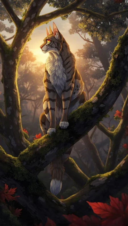 <lora:ck-LttleGhost-000011.safetensors:1> in the style of ck-lttlegh0stA Siberian lynx adult male perches on a tree branch in a misty forest, its golden-yellow eyes scanning the underbrush. The low-angle view casts long shadows, and the soft light highlights the intricate patterns on its fur. The setting sun creates an eerie ambiance, with soft focus foliage and muted autumn colors.