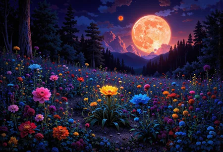 (in full view:1.2), (seen from a distance, wide angle:0.55), The style a combination of [Clyde Caldwell|Igor Zenin|Heather Theurer], Under lighting, alien planet, alien plants, bioluminescent plants. Harmonious madness, synergy with chance, unique art style, mind bending art, magical surrealism. Digital painting in a realistic style representing strange visions of A forest, struck by a meteorite has been altered by radiation coming from the meteor. The forest, once a popular place for walks has transformed into something out of another dimension. The trees, plants and animals have all begun to transform into life forms alien to earth. NeuroWeave animals have been seen and reported to the authorities that can change form at will or part of its body can break off change into something else when it needs to. The wild flowers have become more colorful and have unusual patterns. A digital rendering, high-res, ultra detailed, photo manipulation, altered realities, <lora:+FluxVelvet's_Mythic_Fantasy:0.7> <lora:Midjourney_Whisper_Chromaplex_Velvet_Myst_v01:0.4> <lora:Epic_gorgeous_Details-flux.1:0.4> <lora:Amazing_scenery_v3:0.6> <lora:UltraReal_Fine-Tune:0.3> <lora:Realism-lora-Flux:0.6> <lora:low-light-flux-v2:0.5>