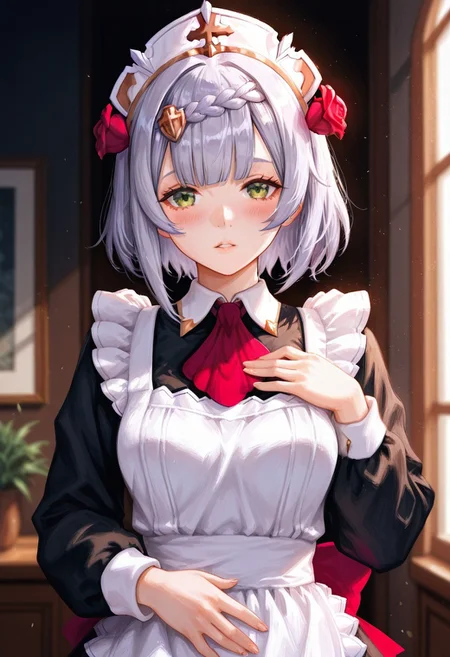 1girl, solo, noelle \(genshin impact\), looking at viewer, parted lips, blush, alternate costume, black dress, long sleeves, maid apron, red ascot, hand on own stomach, hand on own chest, indoors, dark shade, light particles, sidelighting, depth of field, (upper body:1.2), straight-on, impasto, oil painting \(medium\), masterpiece, best quality, good quality